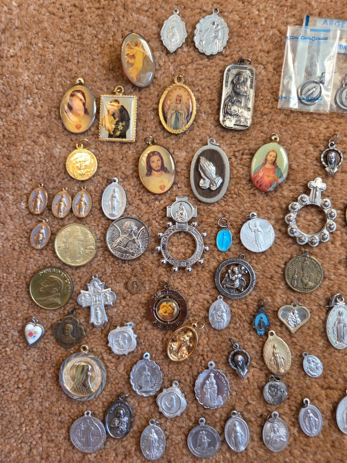 Antique Lot of Catholic Christian Medals Crosses Charms Pendants Jewelry Vtg