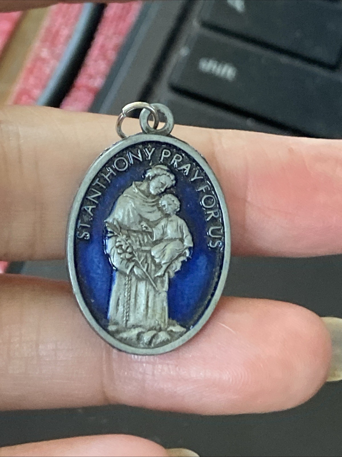 St Jude Medal St Anthony Silvertone w/ Blue Enamel