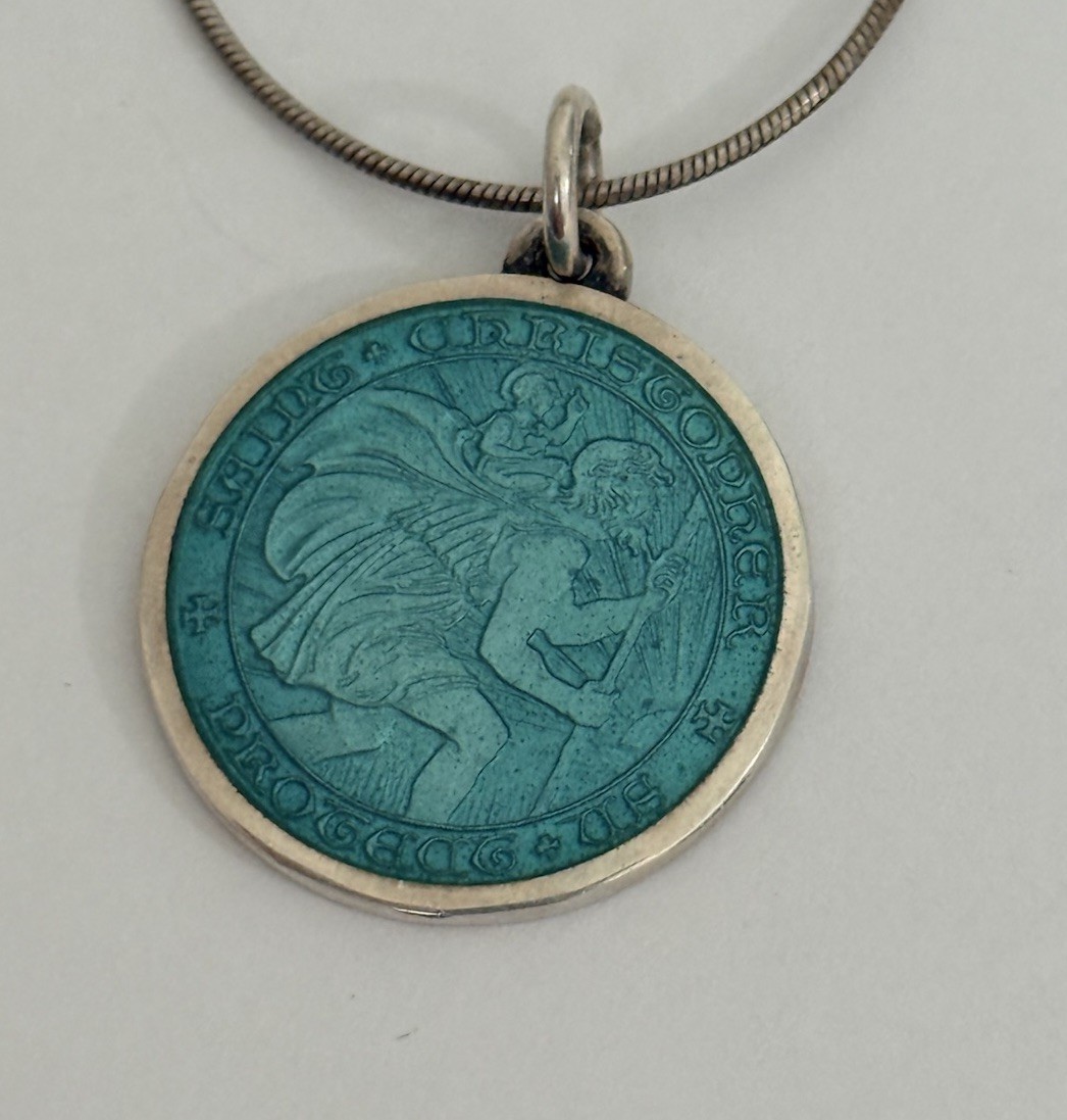 Charles Thomae St Christopher Sterling Silver Blue Enamel Medal Pendant Necklace