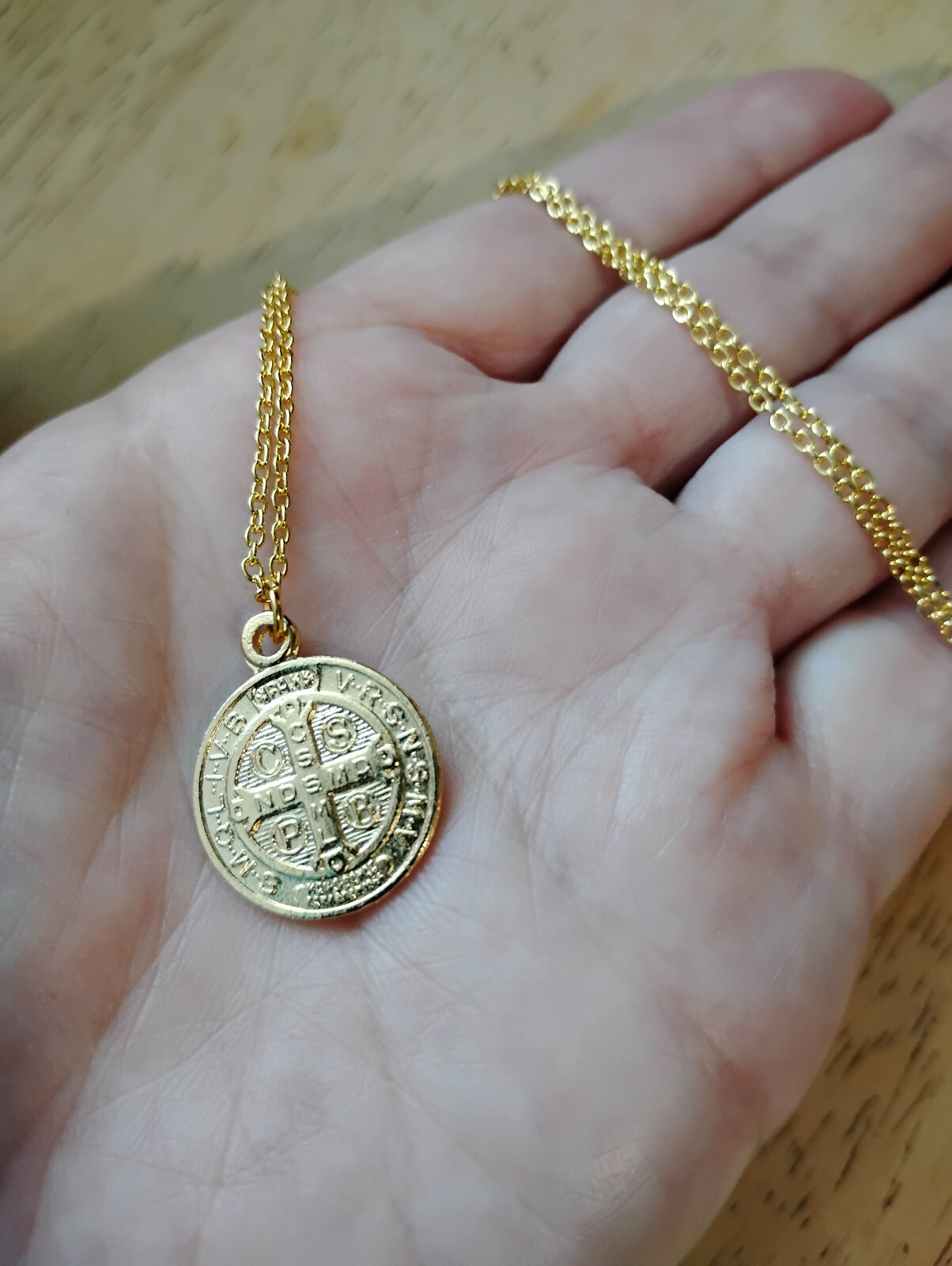Gold Plated St Benedict Medal ITALY Necklace on fine 14K gold plated link chain
