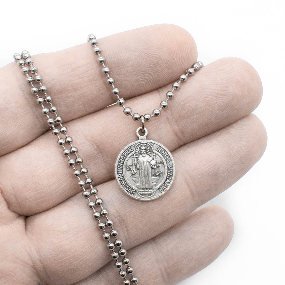 Premium Saint St Benedict Medal 3/4″ Pendant Necklace From Italy 24″ Ball Chain
