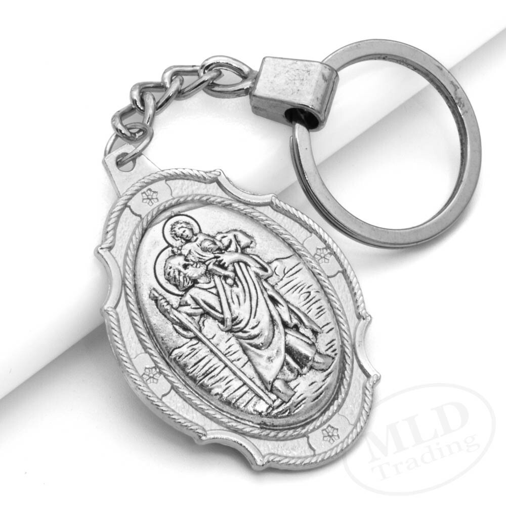 St Christopher Medal Keychain Large Silver Pendant Zinc Alloy Religious Key Ring