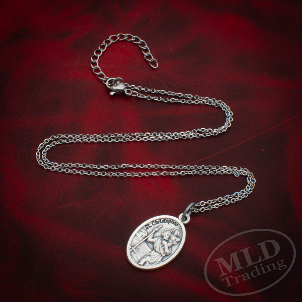 Saint St Christopher Medal Pendant Necklace, Italian, Zinc Alloy, 18″ Link Chain