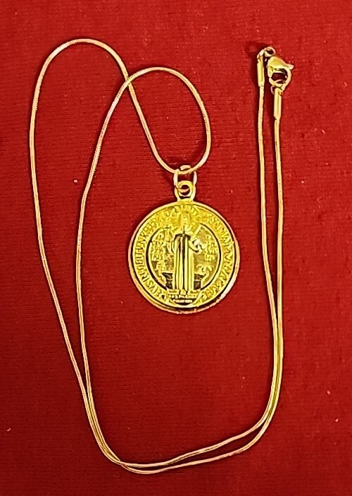Golden Religious Saint Benedict Medal Pendant Necklace 19″