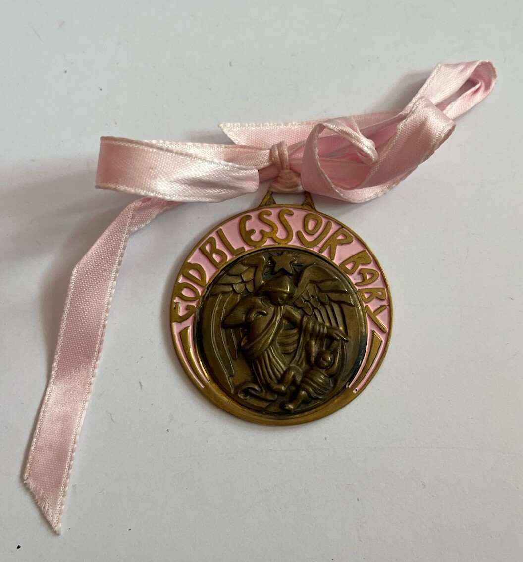 God Bless Our Baby Catholic Baptism Crib Medal Baby Girl Pink 2″ Round