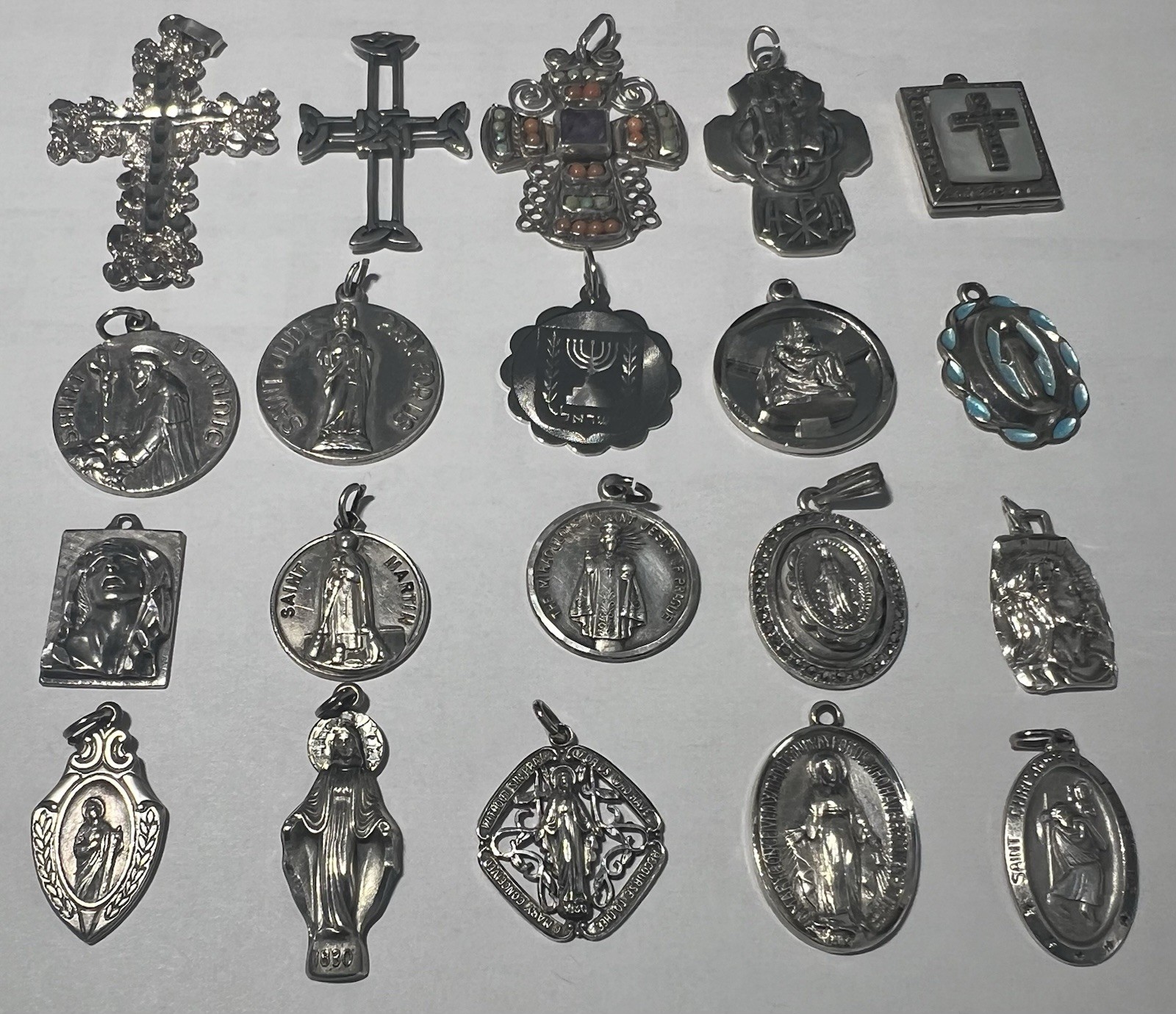 Vintage Lot of (20) Sterling Silver Religious Medals &Crosses Pendants .
