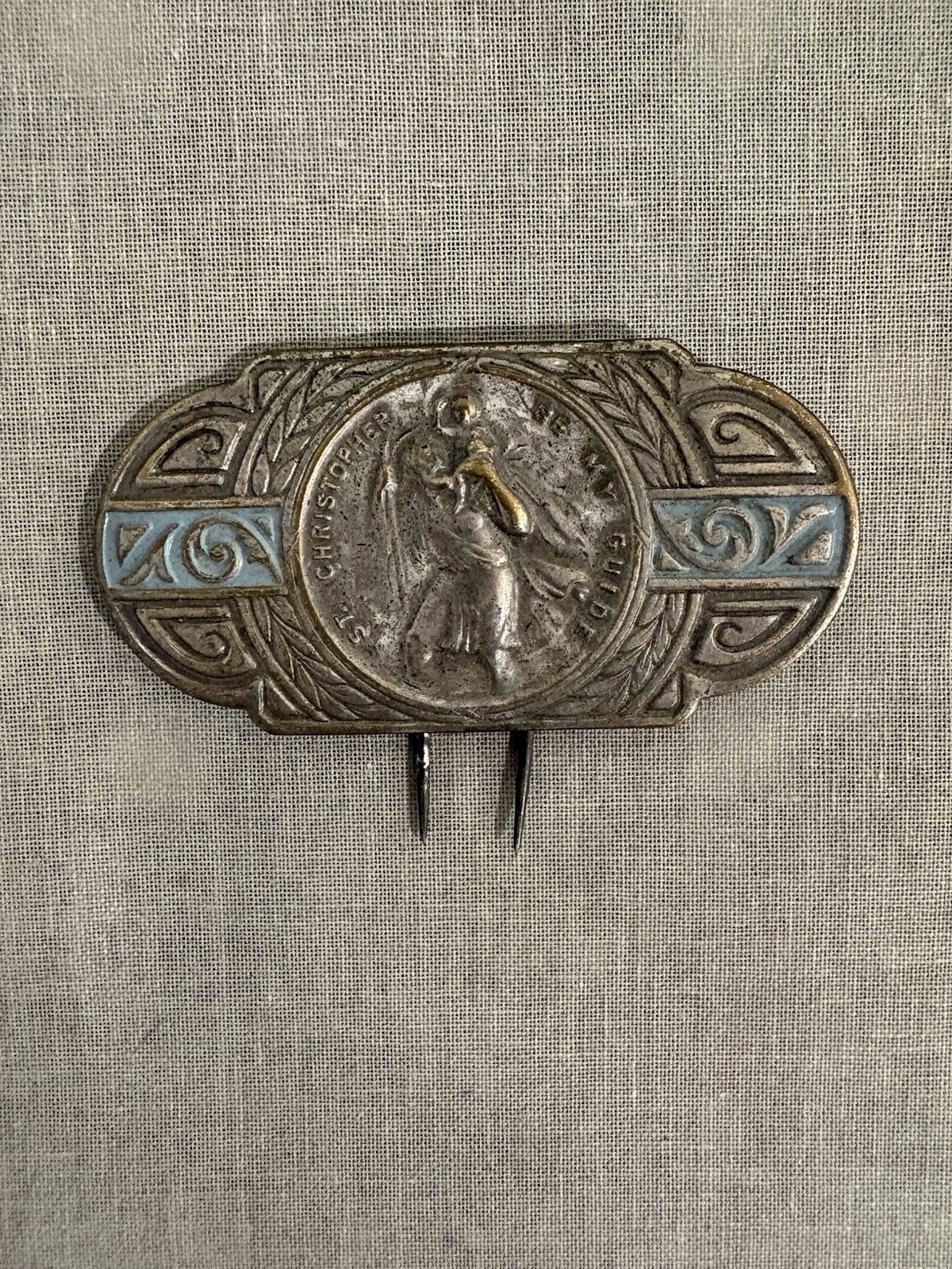 Vintage HMH St. Christopher Visor Clip “Be My Guide” Blue Enamel & Silver USA