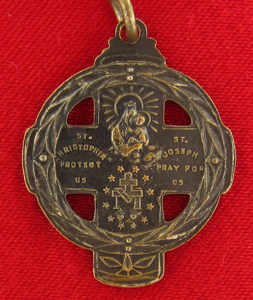 Vintage 4 WAY CROSS Medal JESUS MARY JOSEPH SAINT CHRISTOPHER Large Pendant