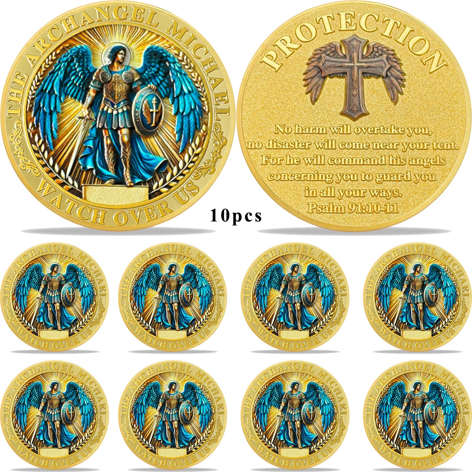 10pcs St Michael Archangel Prayer Coin Shield of Faith Psalm 91:10-11 Verse Coin