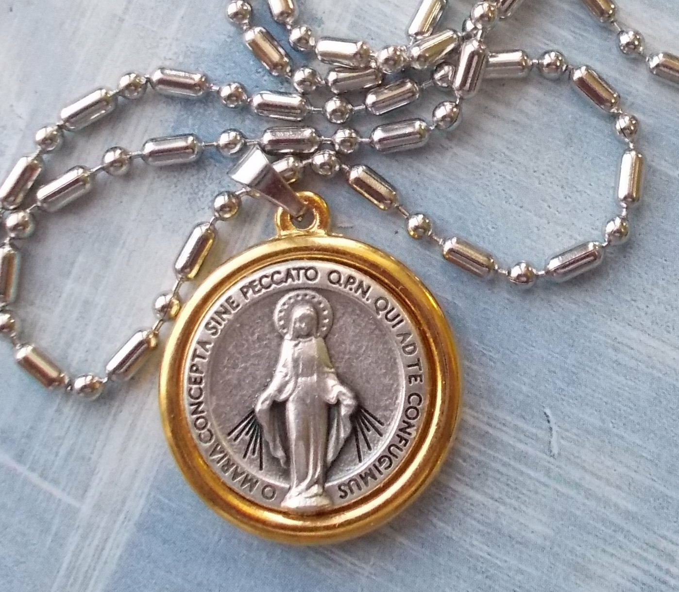GORGEOUS Two tone Miraculous Medal pendant 1″ round~stainless steel chain~Italy