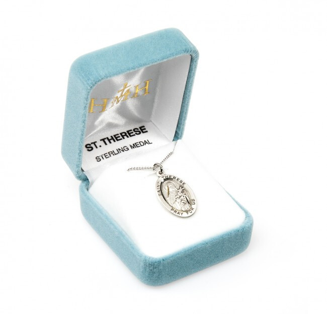 St. Therese of Lisieux Sterling Silver Oval 1.1″ Medal, Gift Box, 24″ Chn, US