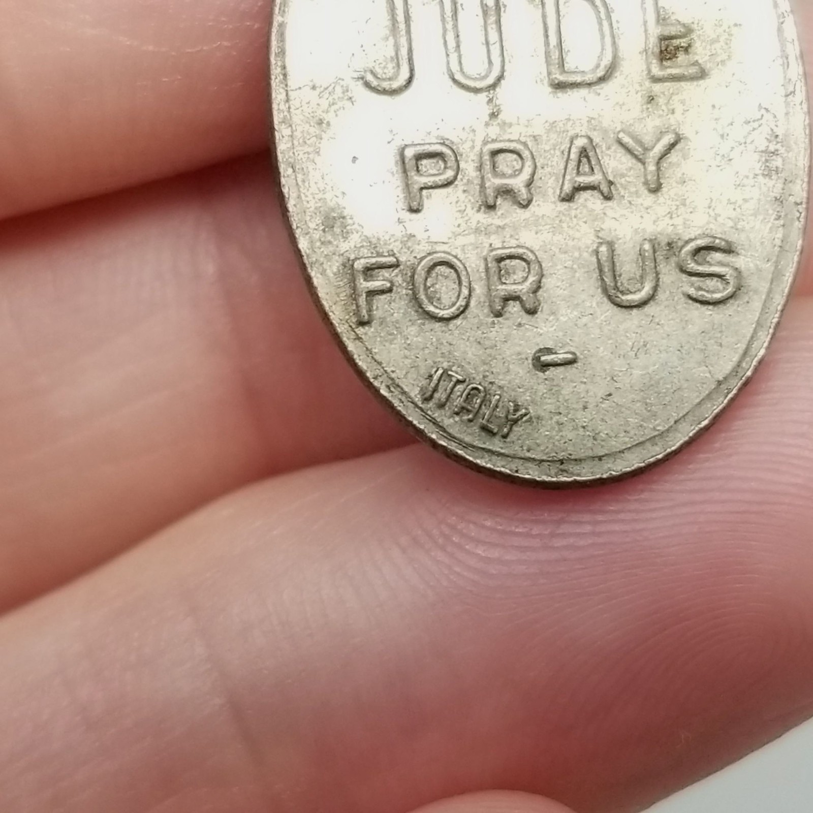 Vintage Saint St Jude Pray for Us Medal Pendant Charm Oval Silver Tone Italy