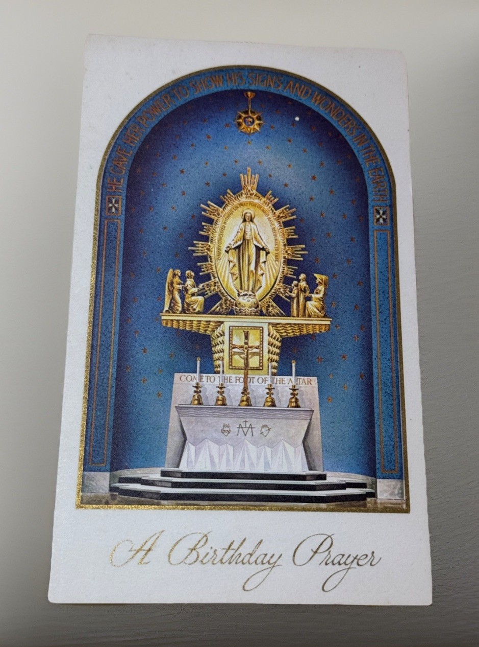 1950’s Catholic Birthday Card Miraculous Medal Alter Immaculate Conception