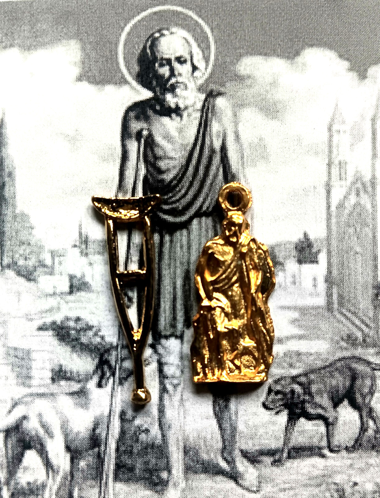 Saint Lazarus A Crutch & A Medal Charm 14K Gold Plated Religious Catholic