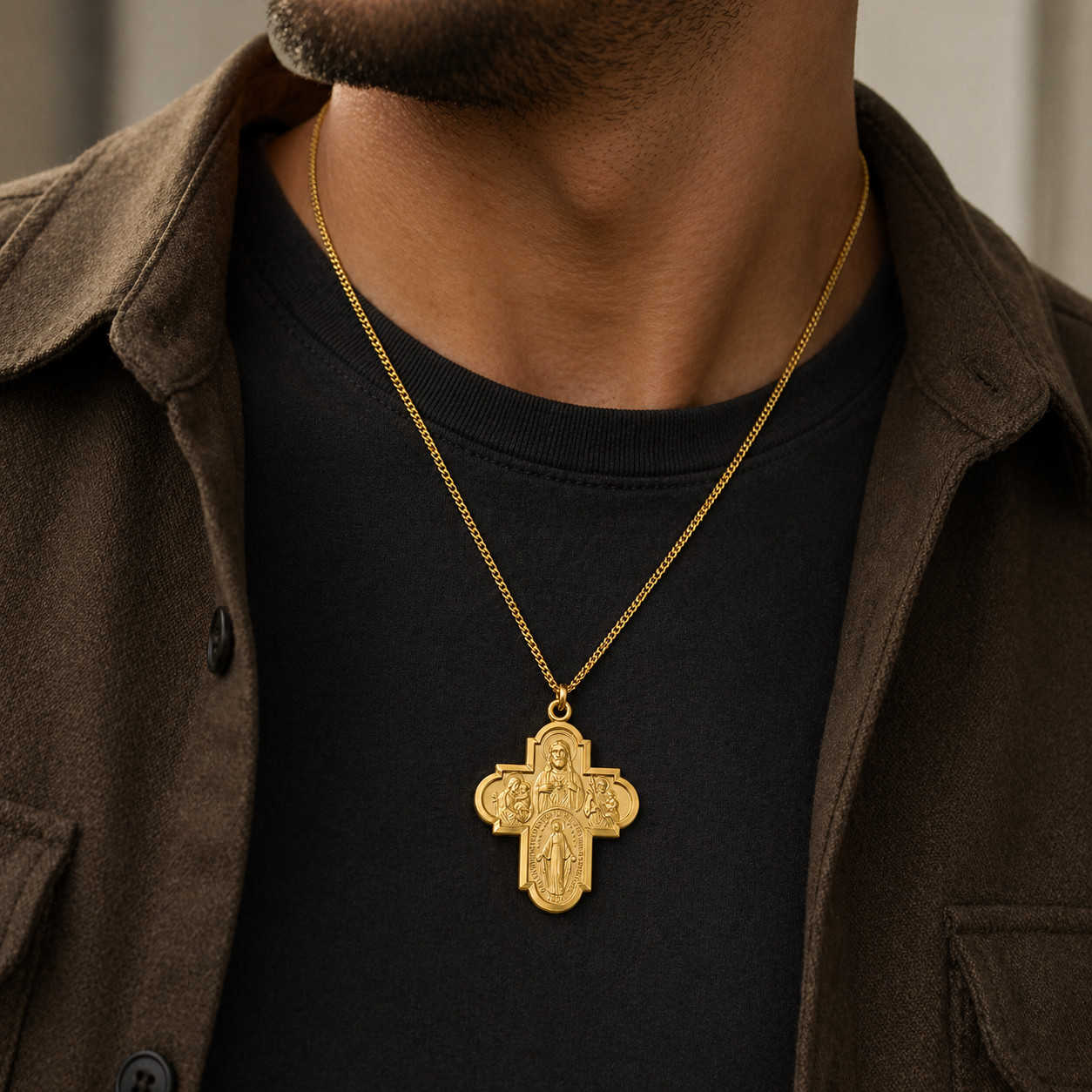4-Way Cross Pendant Gold Plated Sterling Medals Necklace w/Brass Chain
