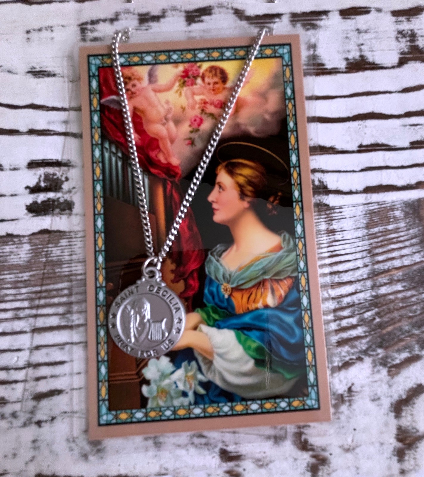 St Cecilia Prayer Pewter Medal on 18 In Chain and Laminated Holy Card Set