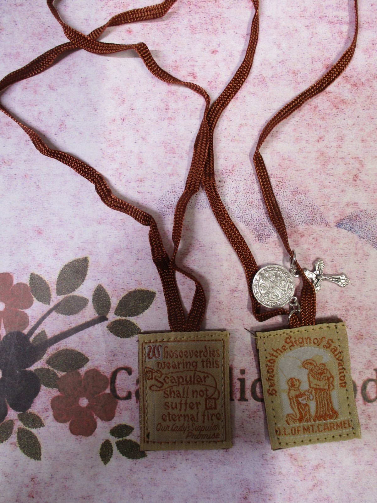 Our Lady of Mt Carmel Brown Scapular – Our Ladies Promise -Brown Straps + Medals