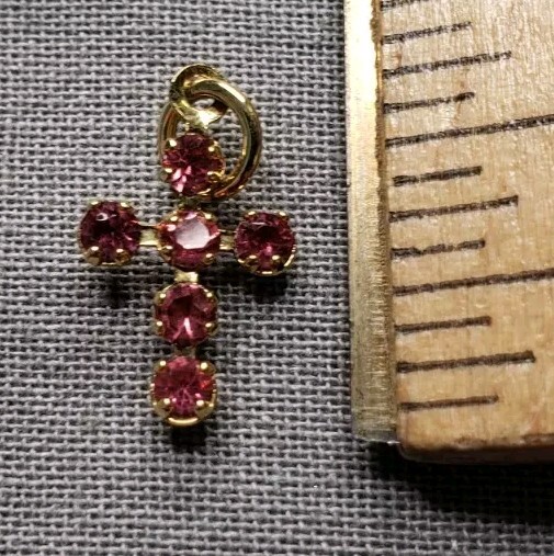 Vintage Medal Pendant Cross Small Pink Stones Religious Christian A49
