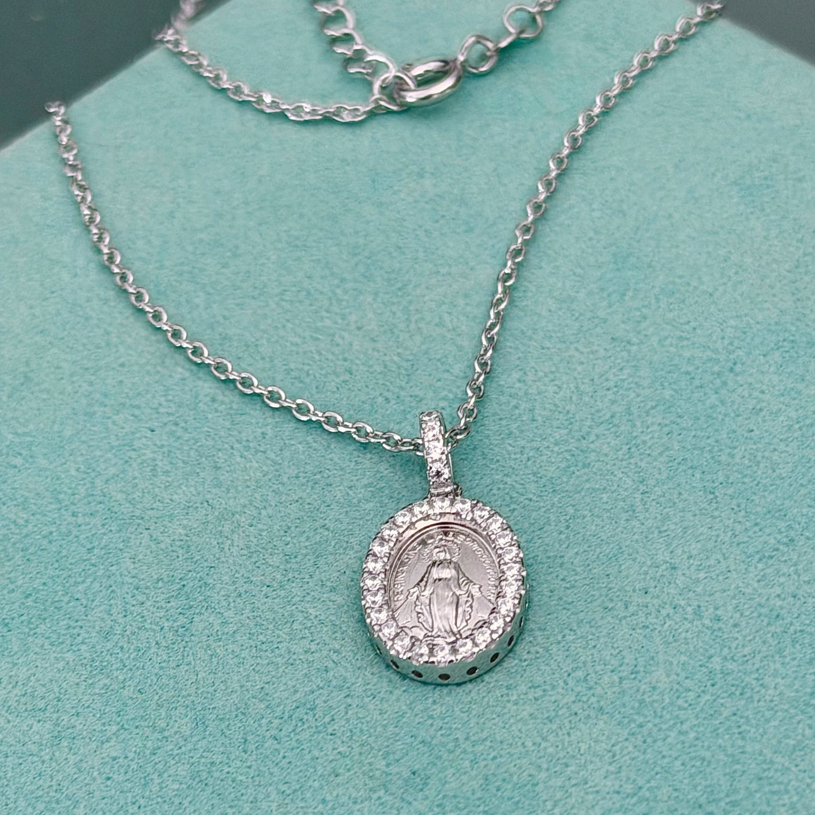 Miraculous Medal Sterling Silver Virgin Mary Pendent Necklace cz set Catholic