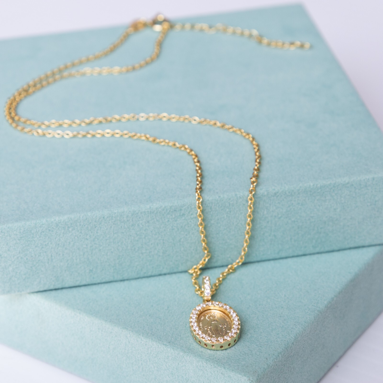 Miraculous Medal 14k Gold over Silver Virgin Mother Mary Pendent Necklace cz set