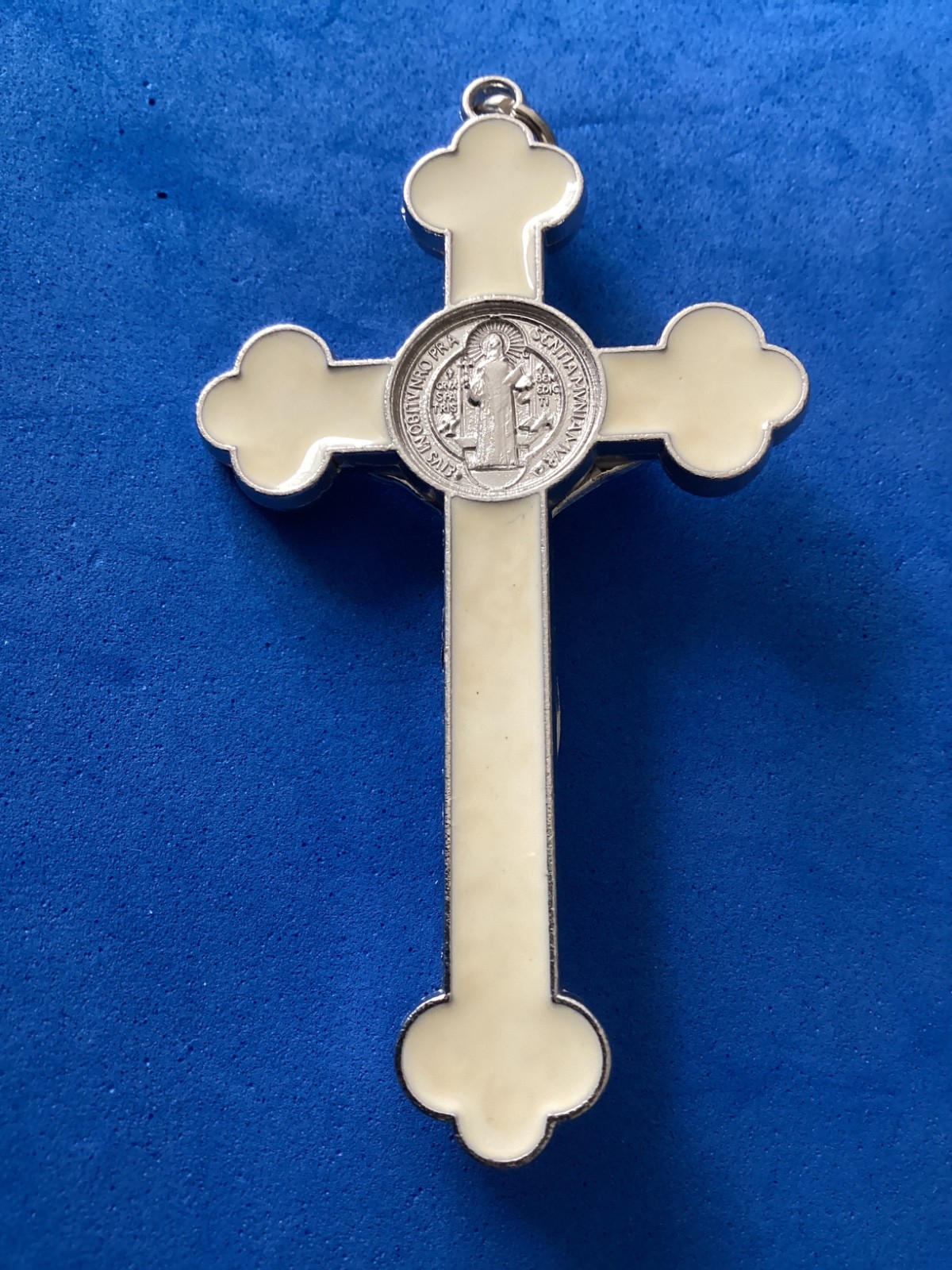 St BENEDICT Crucifix Budded Cross Cream White Enamel 3” Silver Tone Metal Saint