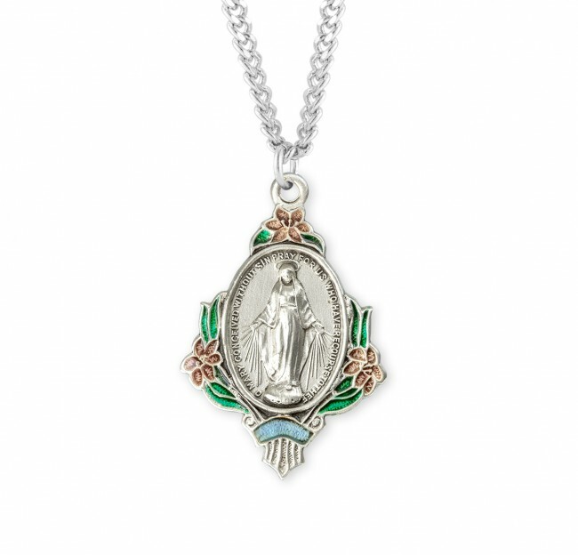 Sterling Silver Oval Miraculous 1.2″ Medal Pink & Green Enamel Accents, 24″ Chn