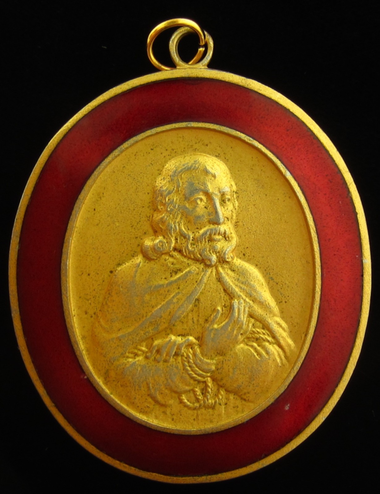Vintage Saint Medal Gold Tone Red Enamel Religious Holy Catholic XL Large