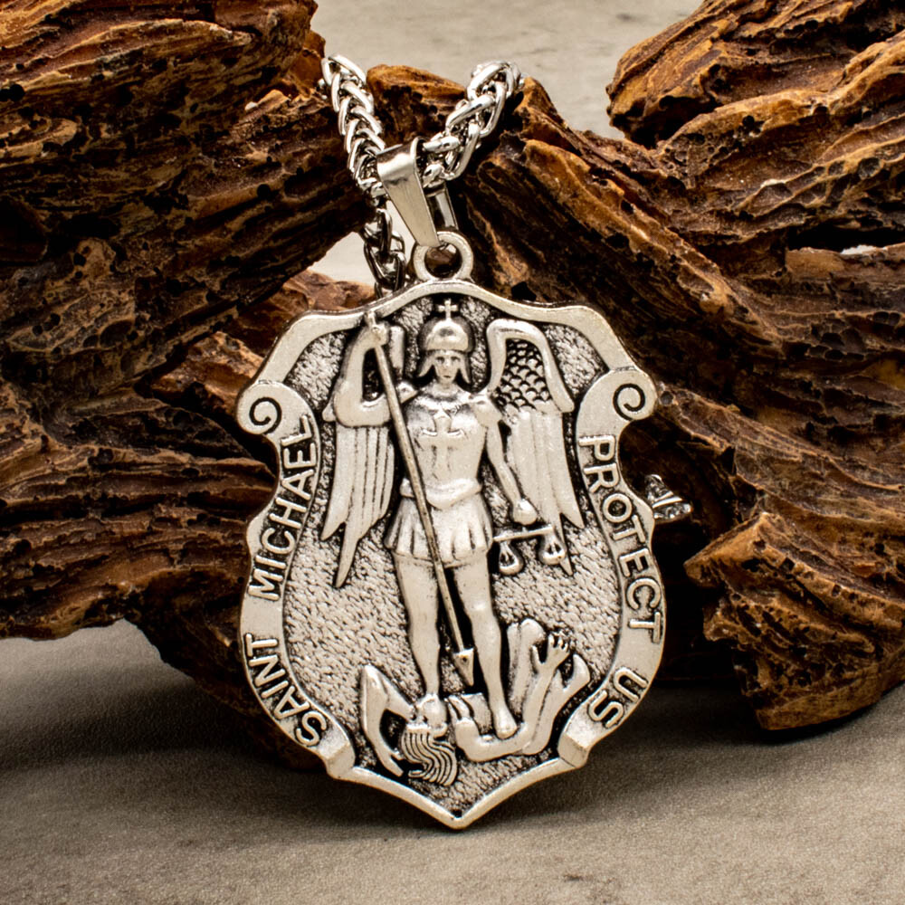 Large Saint St Michael Medal Shield Badge Pendant Necklace 22″ Heavy Duty Chain
