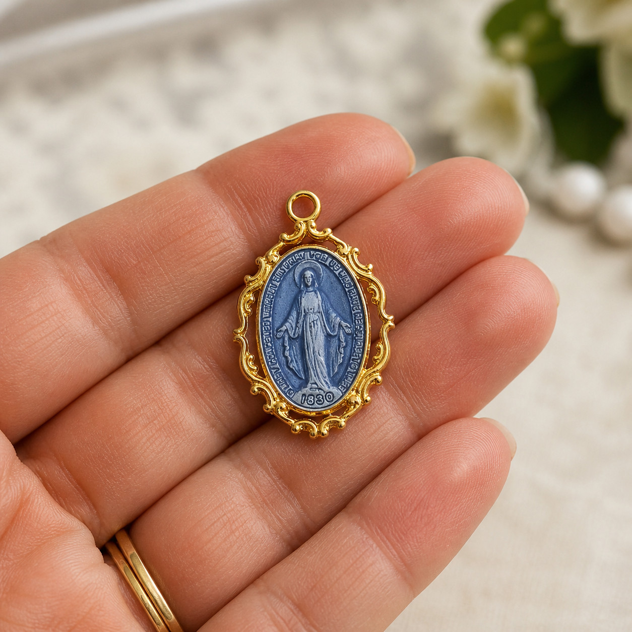 Gold Plated Sterling Silver Medal Miraculous Mary Blue Epoxy Pendant With Chain