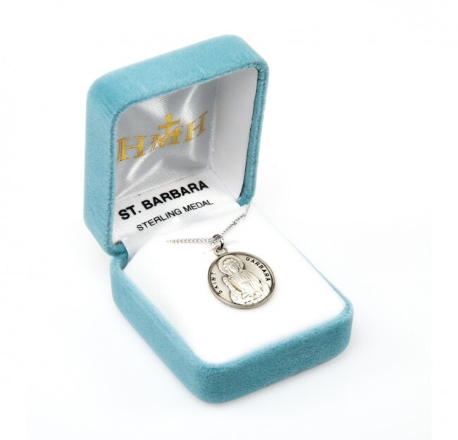 St. Barbara Sterling Silver Oval 0.9″ Medal, Velvet Gift Box, 18″ Chain, US Made