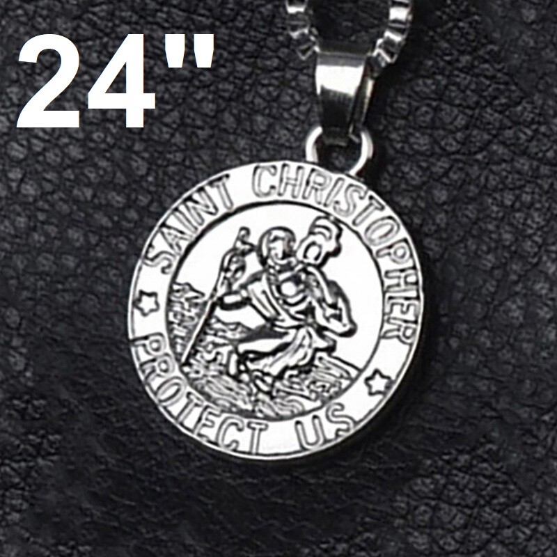 Womens 925 Sterling Silver 24″ Chain Necklace With St. Christopher Pendant D813