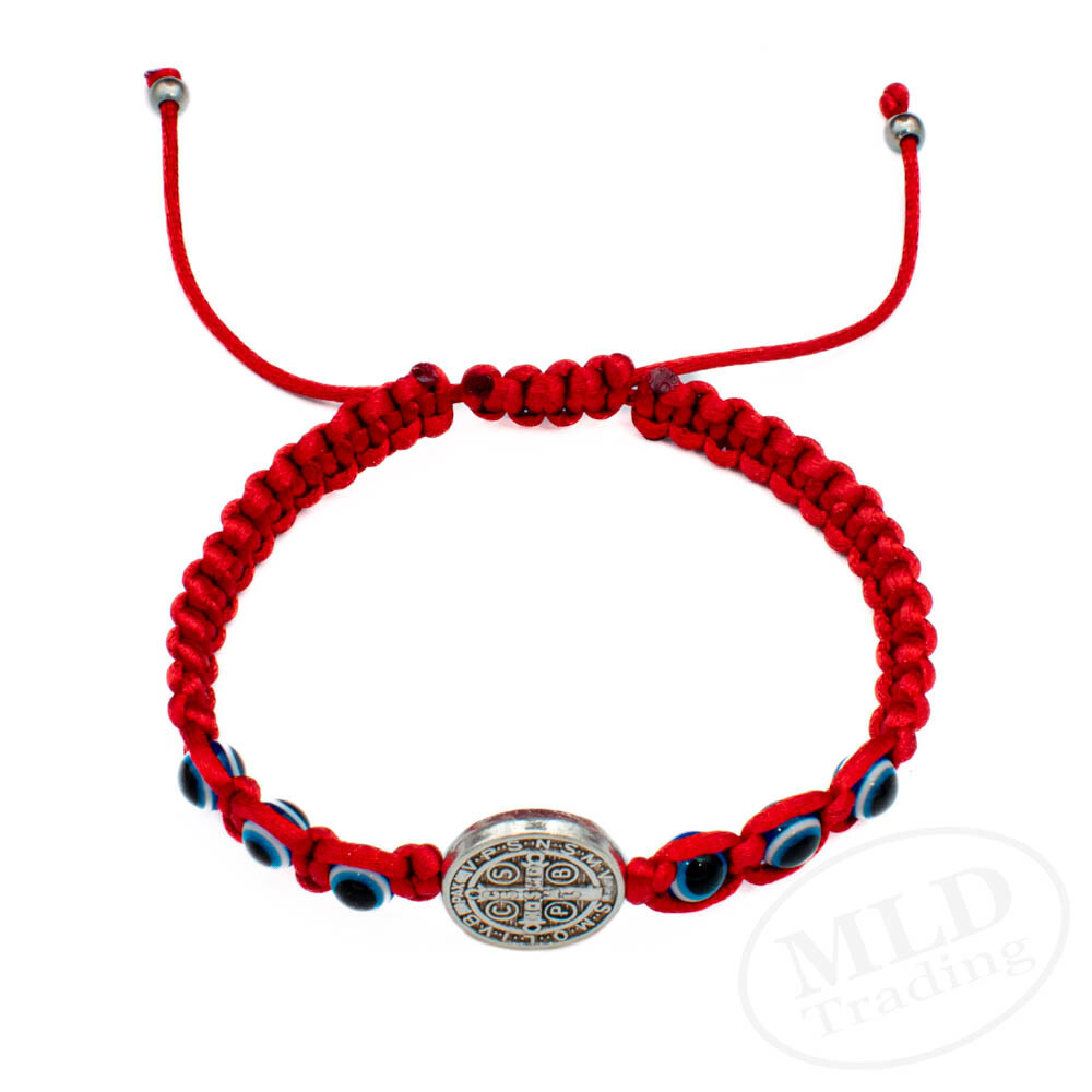 Silver Saint St Benedict Medal Red Bracelet w Blue Evil Eye Protection Beads