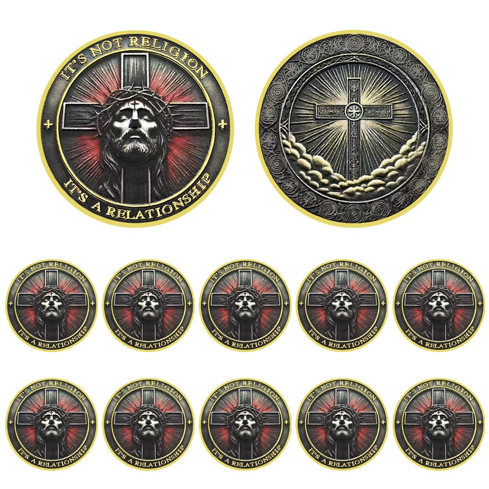 10PCS Jesus Christ Cross Coin It’s Not Religion, It’s A Relationship Gold Medal