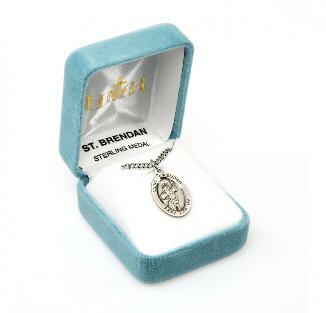 St. Brendan Sterling Silver Oval 1.1″ Medal, Gift Box, 24″ Chain, US Made