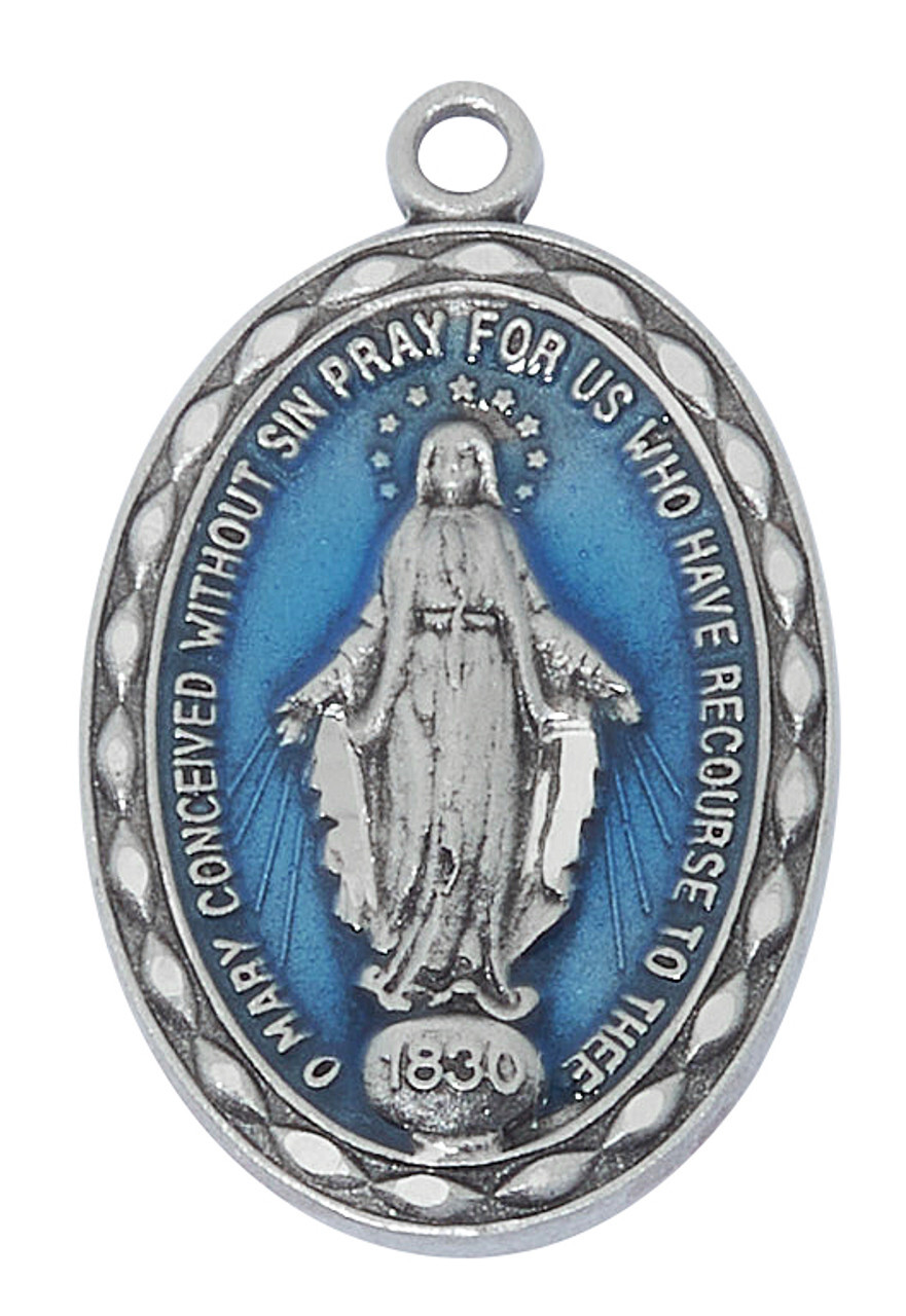 Miraculous Medal Our Lady Mary with Blue Epoxy 18 Inch Stainless Steel Chain