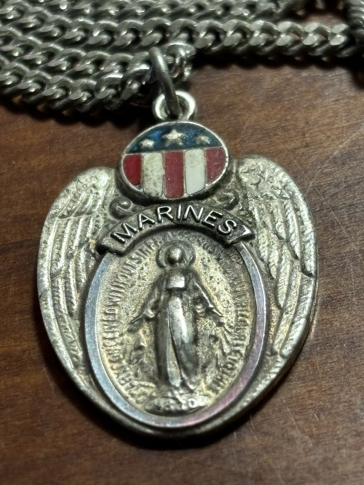 Vintage Marines Sterling Silver Enameled Miraculous Medal & Necklace