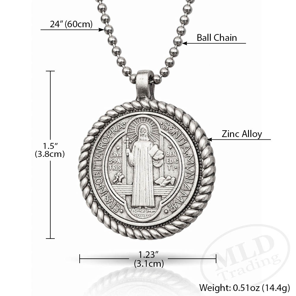 Saint Benedict Medal Necklace – Silver Tone Rope Border Pendant 24” Ball Chain