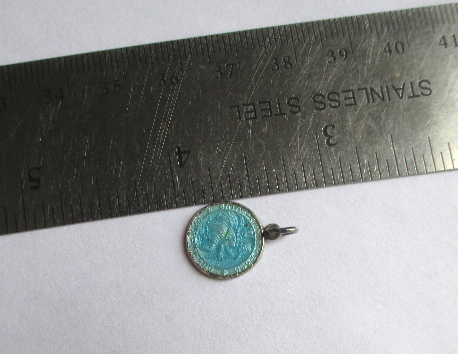 5/8in TINY VINTAGE STERLING SILVER BLUE ENAMEL SAINT CHRISTOPHER MEDAL CHARM