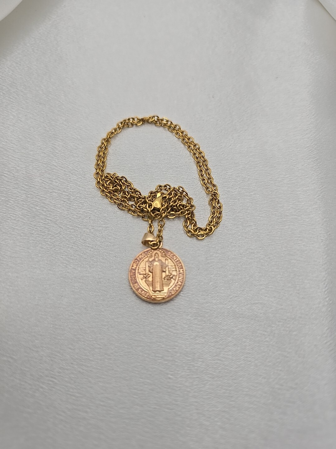 Pink Saint Benedict Medal Necklace 20″ Gold Plated Stainless Steel Catholic Gift