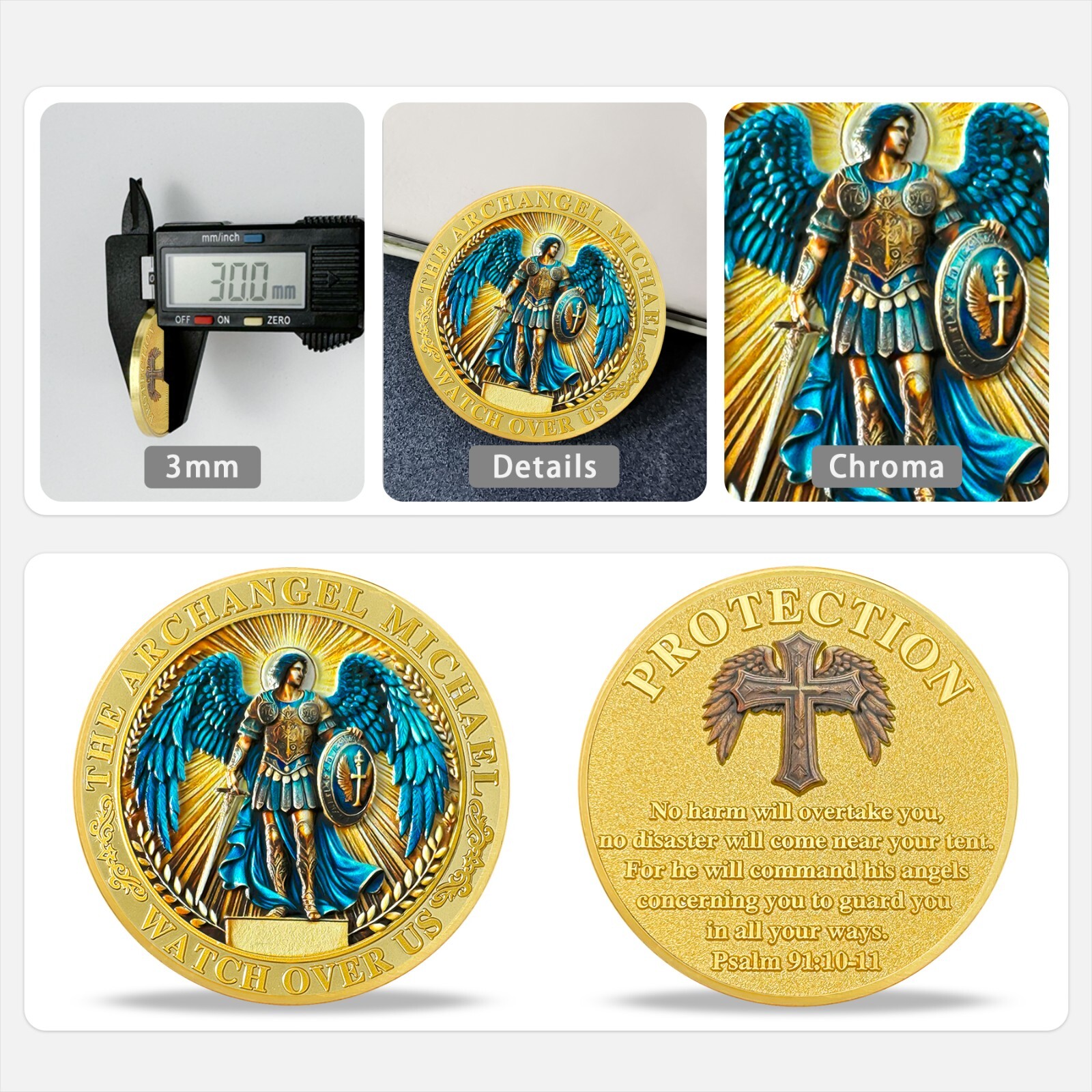 10pcs St Michael Archangel Prayer Coin Shield of Faith Psalm 91:10-11 Verse Coin