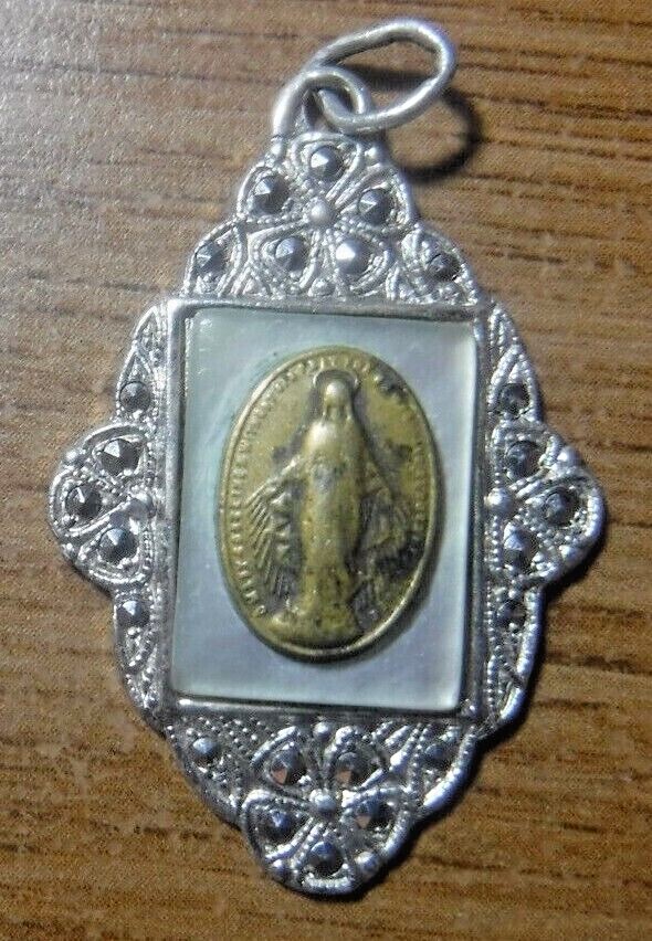 Vintage Ornate Sterling Silver and Marcasite Catholic Miraculous Medal #142