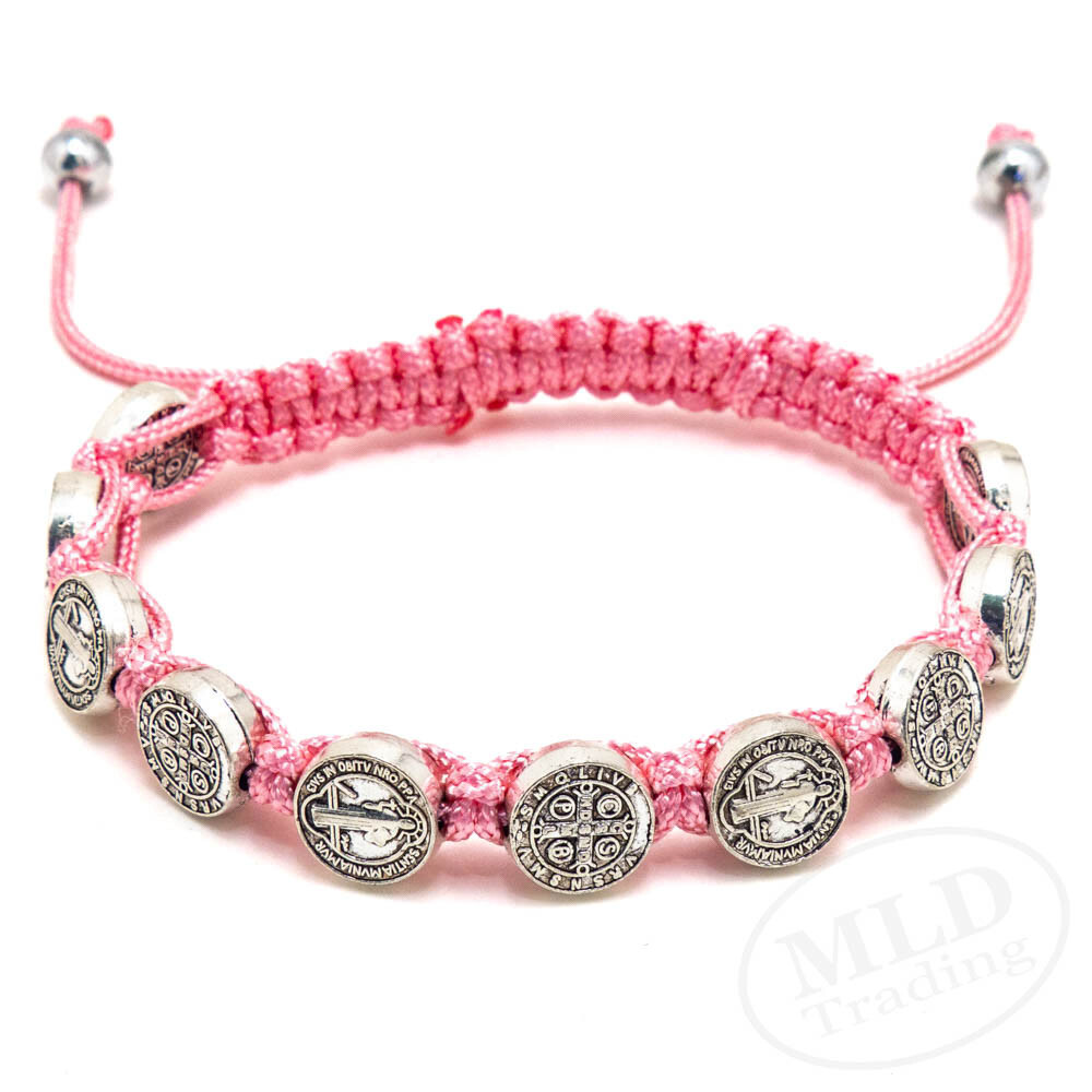 Pink Macrame Saint St Benedict Medal Cord Bracelet – Adjustable, 10 Medals