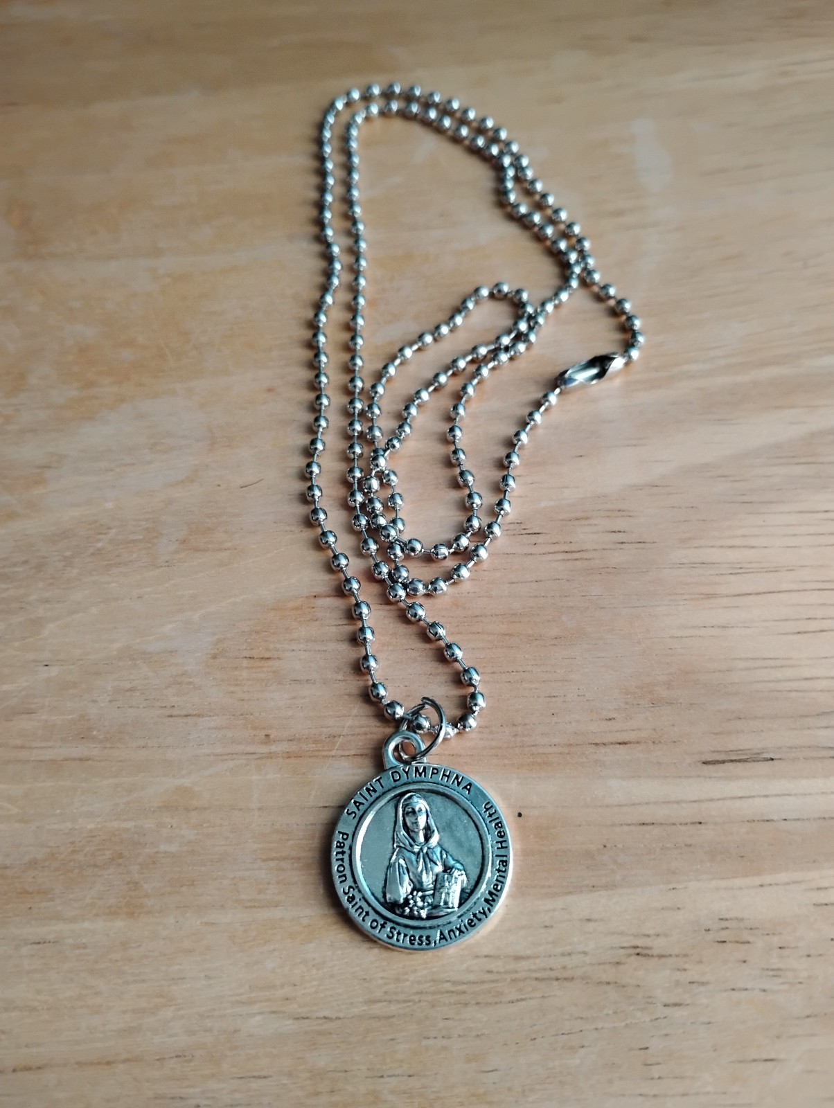 St Dymphna PATRON of STRESS Medal Necklace Stainless steel ball chain + card