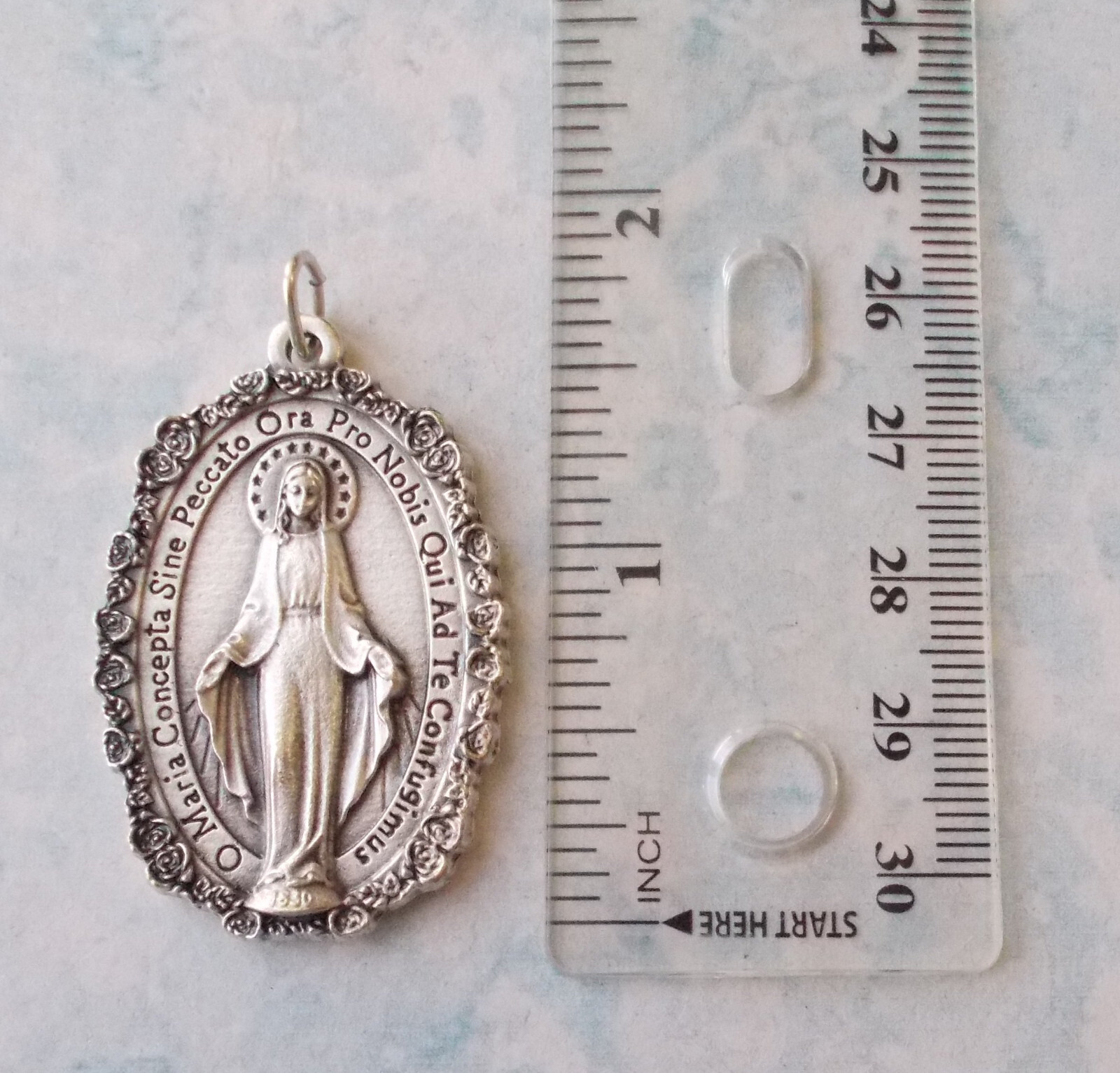 Catholic Silver Tone XL Miraculous Medal Rose Border Latin 1 3/4″ Italy
