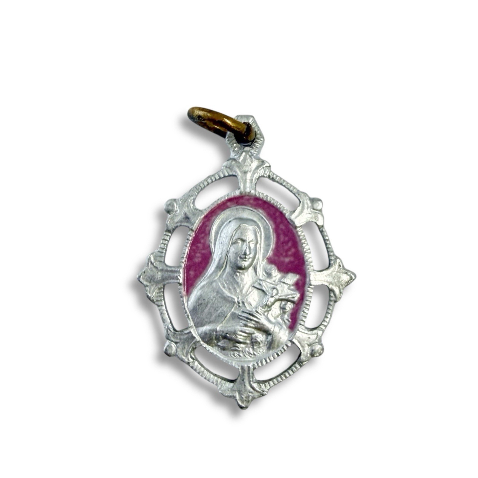 Vintage Saint Therese of Lisieux Pink Enamel Silvertone Medal Charm Pendant