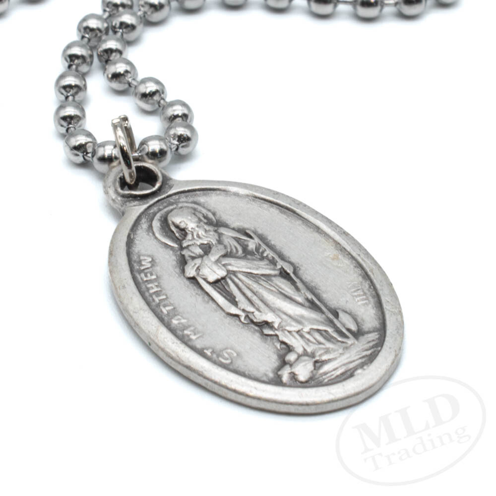 Saint St Matthew Pray For Us Prayer Medal Pendant Necklace Italy 24″ Ball Chain