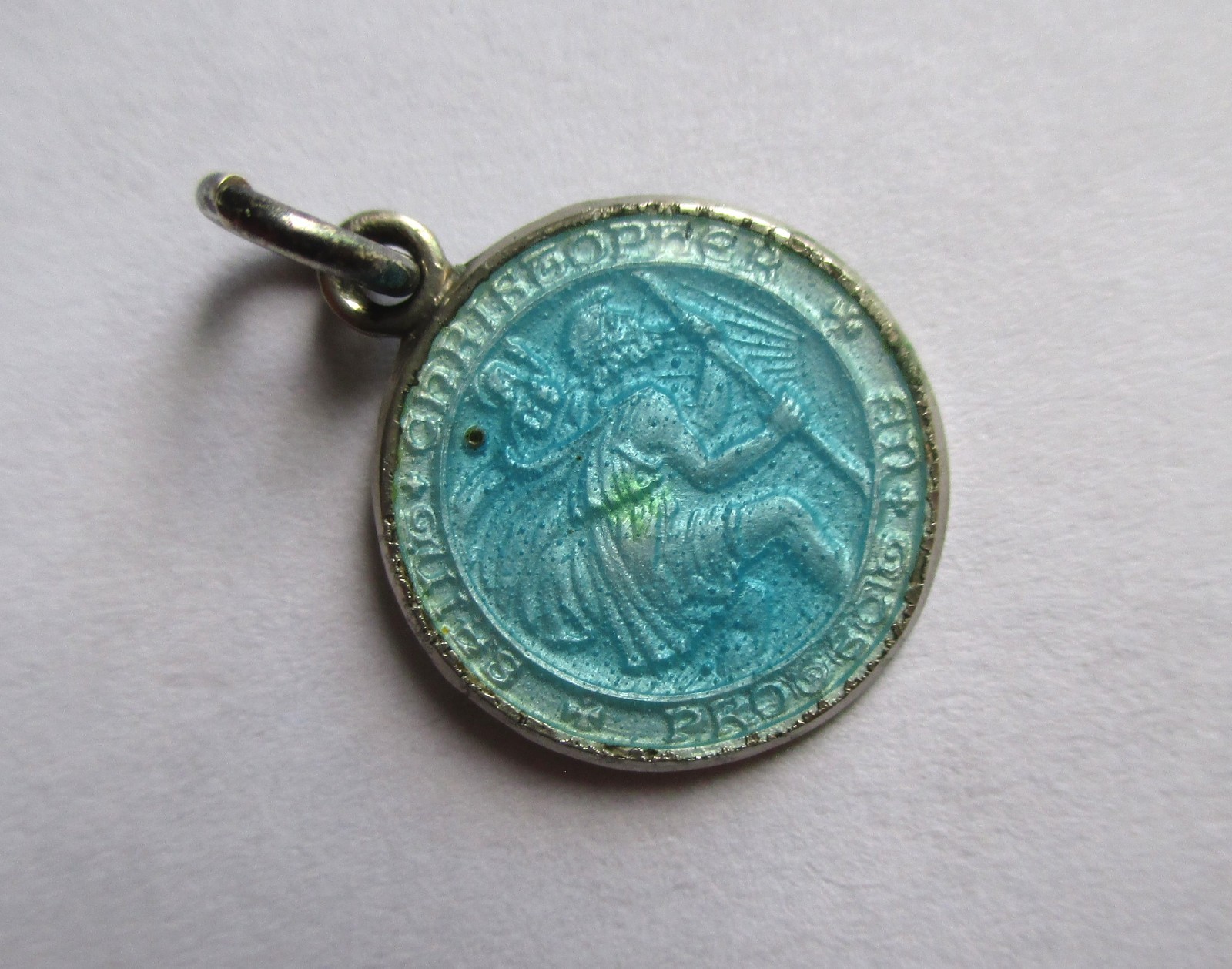 5/8in TINY VINTAGE STERLING SILVER BLUE ENAMEL SAINT CHRISTOPHER MEDAL CHARM