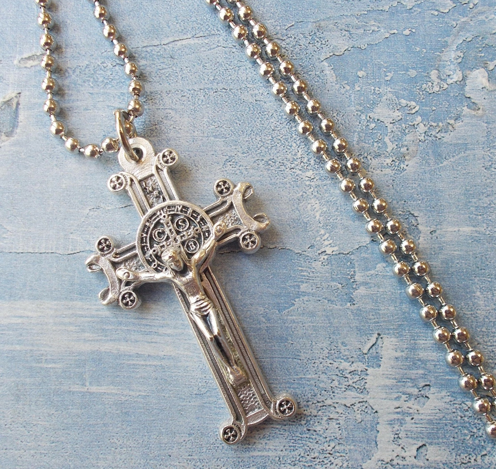 Scroll Style St Saint Benedict Crucifix Pendant Necklace 24″ ss ball chain~ITALY