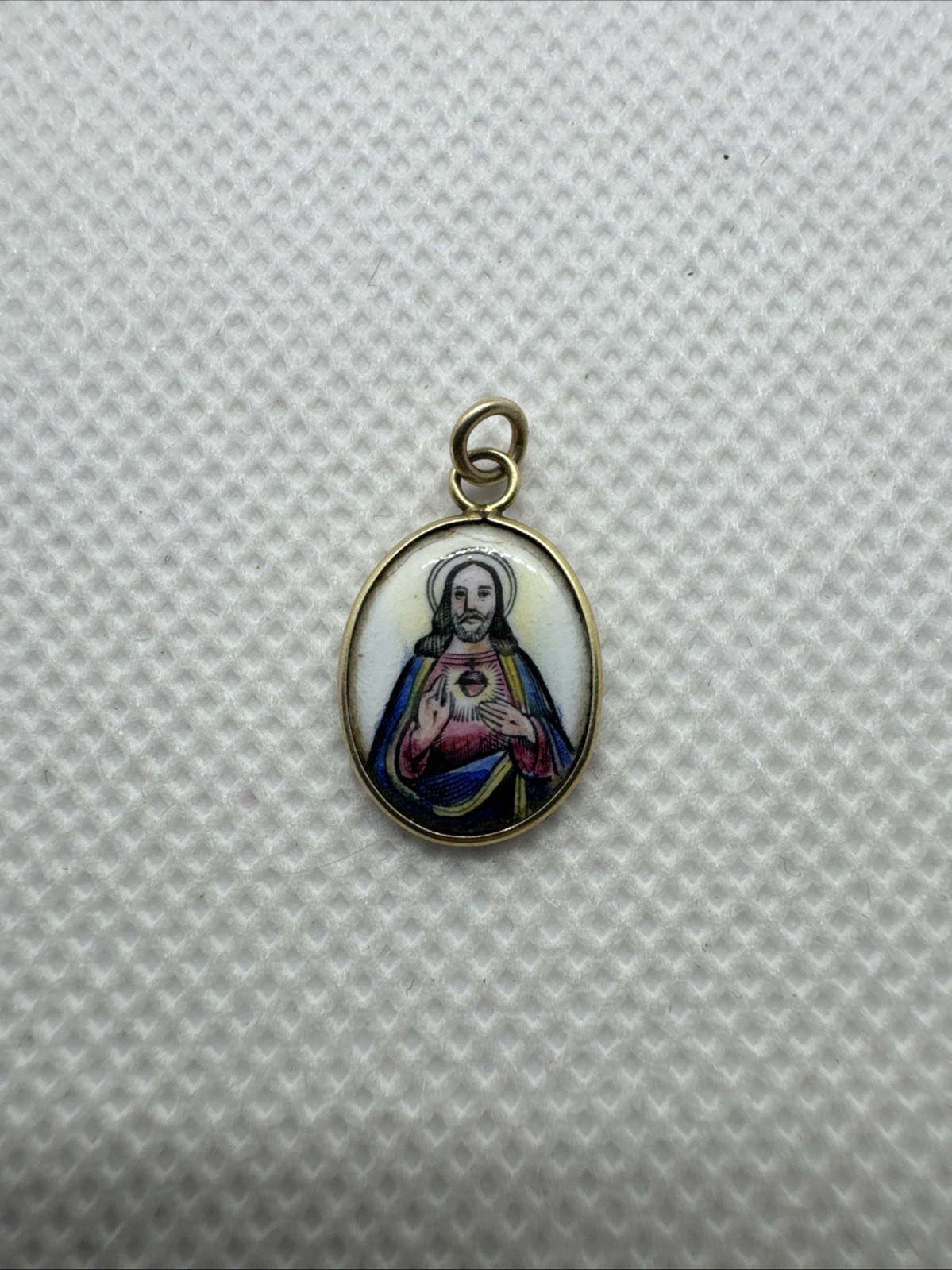 Vintage Sacred Heart of Jesus Sagrado Corazon Medal 14k Gold Pendant Enamel