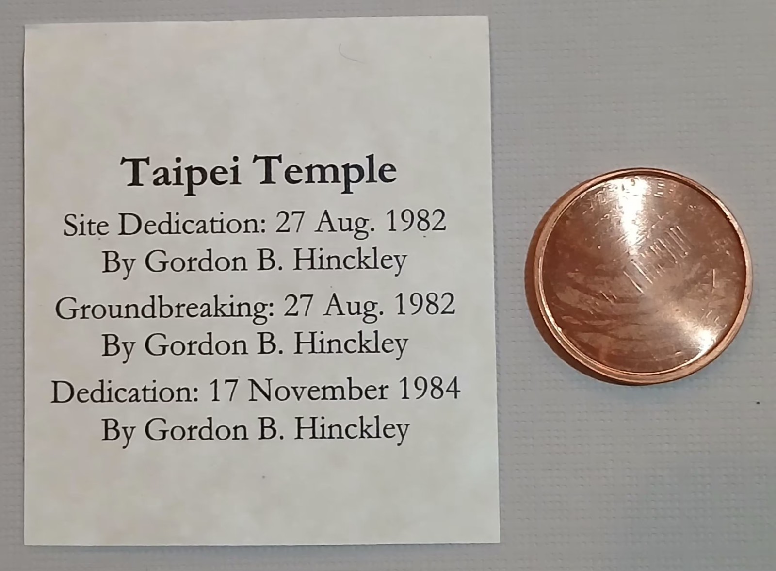 Taipei, Taiwan Temple LDS Mormon Counter Stamped Punched Lincoln Cent Penny Coin